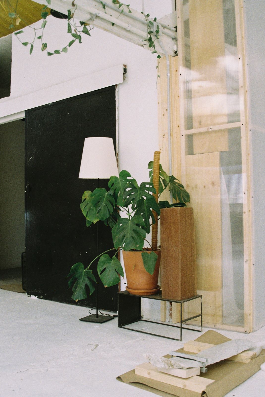 A corner of the VORA HOUSE workshop with plants and a lamp